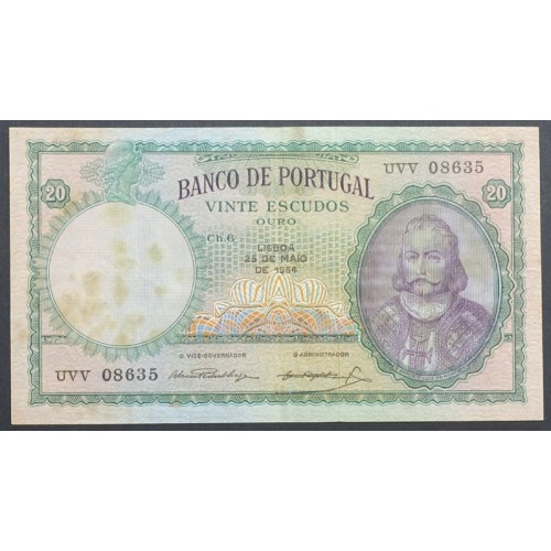NOTA 20 ESCUDOS 1954 (CIRCULADA C/ MARCAS HUMIDADE) "20$00 1954 Ch.6 D.ANTONIO LUIZ DE MENEZES - BANCO DE PORTUGAL (25/05/1954)