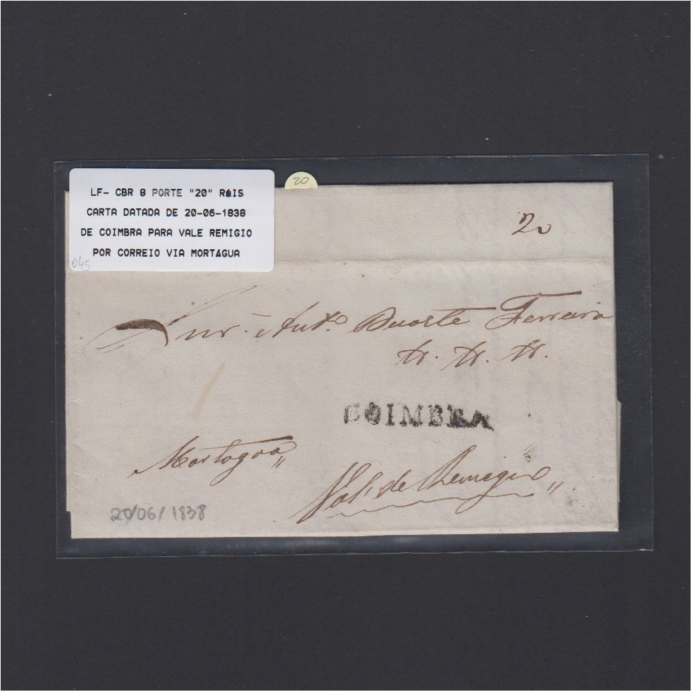 Pré-Filatélica circulada de Coimbra para Vale de Remigio datada de 20-06-1838