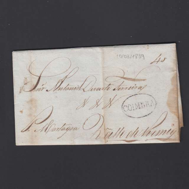 Pré-Filatélica circulada de Coimbra para Vale de Remigio datada de 10-03-1839
