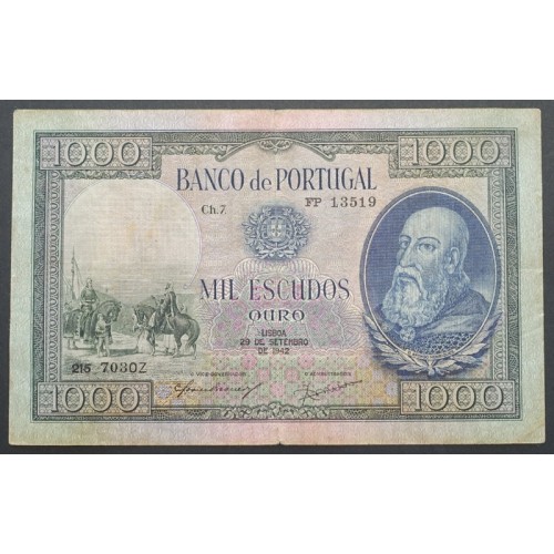 NOTA DE 1000 ESCUDOS 1942 ( CIRCULADA ) "1000$00 1942 Ch.7 D.AFONSO HENRIQUES - BANCO DE PORTUGAL (29/09/1942)