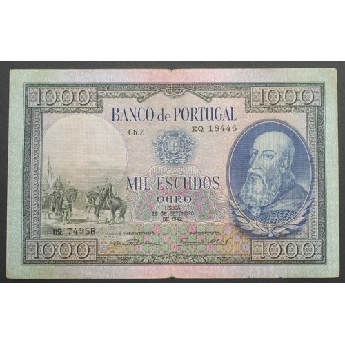 NOTA DE 1000 ESCUDOS 1942 ( CIRCULADA ) "1000$00 1942 Ch.7 D.AFONSO HENRIQUES - BANCO DE PORTUGAL (29/09/1942)