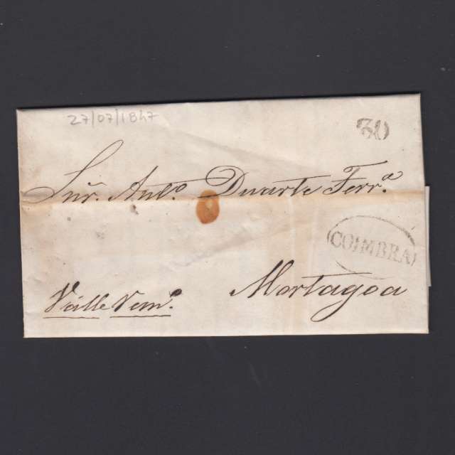Pré-Filatélica circulada de Coimbra para Vale de Remigio datada de 27-07-1847