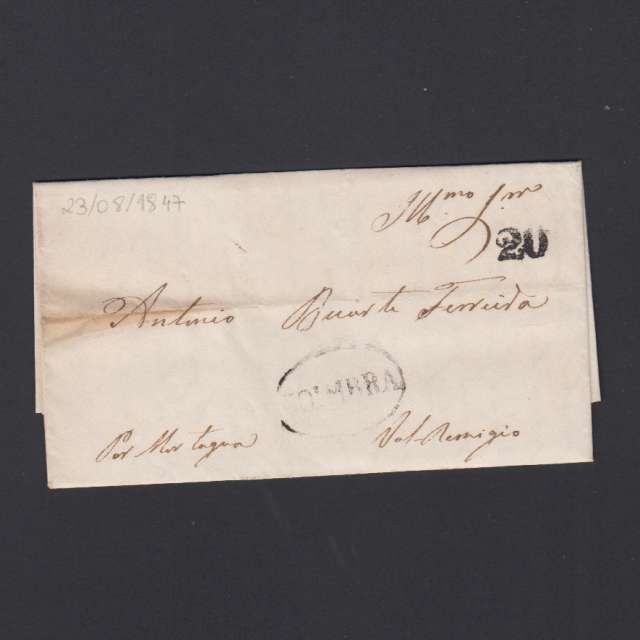 Pré-Filatélica circulada de Coimbra para Vale de Remigio datada de 23-08-1847