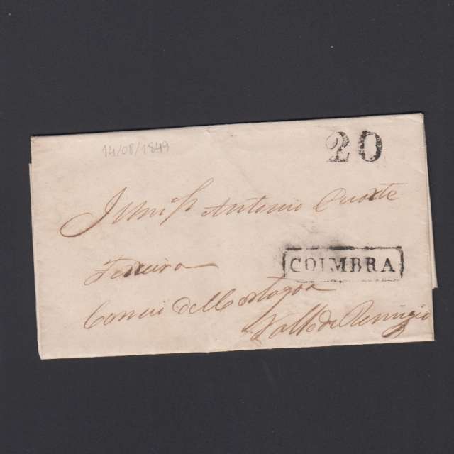 Pré-Filatélica circulada de Coimbra para Vale de Remigio datada de 14-08-1849