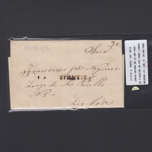 Carta Pré-Filatélica circulada de Figueira da Foz para Lisboa datada de 21-08-1836