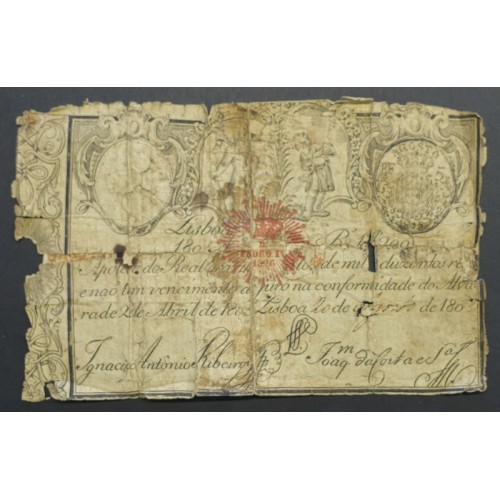 APÓLICE REAL ERÁRIO - 1$200 REIS 1805 - DATA MANUSCRITA - COM CARIMBO DE D.PEDRO IV 1826 ( CIRCULADA +)