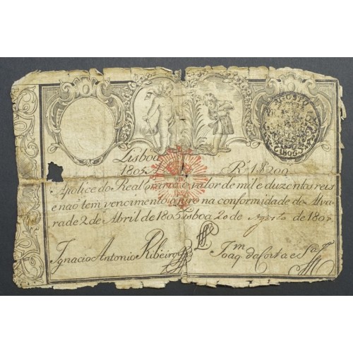 APÓLICE REAL ERÁRIO - 1$200 REIS 1805 - DATA MANUSCRITA - COM CARIMBO DE D.MIGUEL I 1828 ( CIRCULADA +)