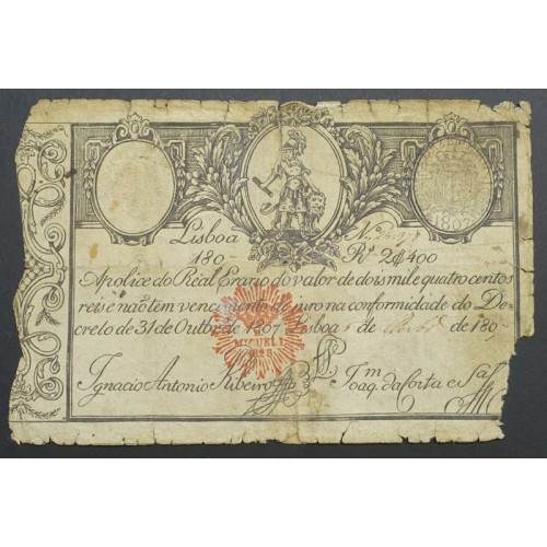 APÓLICE REAL ERÁRIO - 2$400 REIS 1807 - DATA MANUSCRITA - COM CARIMBO DE D.MIGUEL I 1828 ( CIRCULADA )
