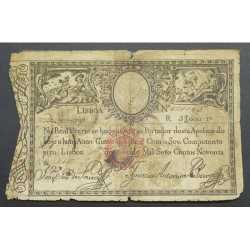 APÓLICE REAL ERÁRIO - 5$000 REIS 1798 - DATA IMPRESSA - COM CARIMBO DE D.MIGUEL I 1828 ( CIRCULADA )