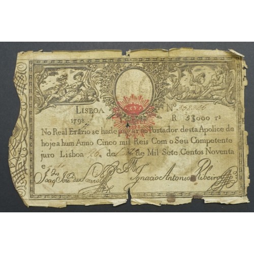 APÓLICE REAL ERÁRIO - 5$000 REIS 1798 - DATA IMPRESSA - COM CARIMBO DE D.MIGUEL I 1828 ( CIRCULADA )