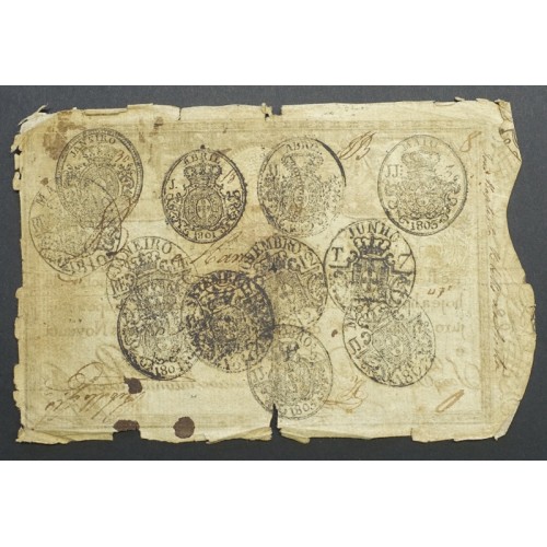 APÓLICE REAL ERÁRIO - 5$000 REIS 1798 - DATA IMPRESSA - COM CARIMBO DE D.MIGUEL I 1828 ( CIRCULADA )