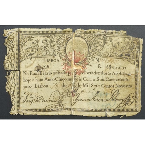 APÓLICE REAL ERÁRIO - 5$000 REIS 1799 - DATA EMENDADA "1798/9" - COM CARIMBO DE D.PEDRO IV 1826 ( CIRCULADA )