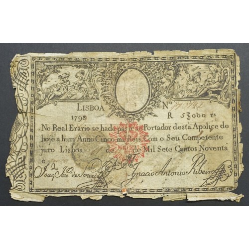APÓLICE REAL ERÁRIO - 5$000 REIS 1799 - DATA EMENDADA "1798/9" - COM CARIMBO DE D.MIGUEL I 1828 ( CIRCULADA )