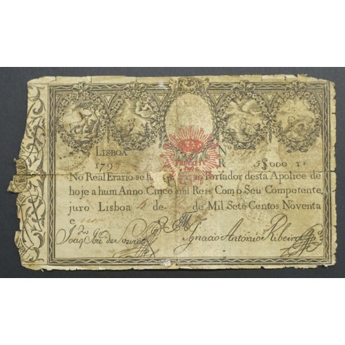 APÓLICE REAL ERÁRIO - 5$000 REIS 1799 - DATA MANUSCRITA - COM CARIMBO DE D.PEDRO IV 1826 ( CIRCULADA )