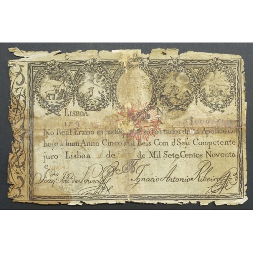 APÓLICE REAL ERÁRIO - 5$000 REIS 1799 - DATA MANUSCRITA - COM CARIMBO DE D.PEDRO IV 1826 ( CIRCULADA )
