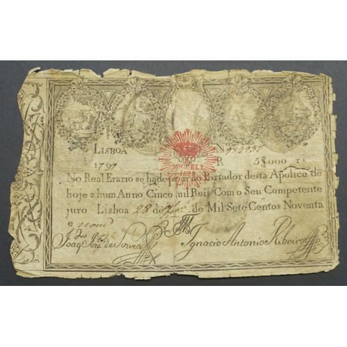 APÓLICE REAL ERÁRIO - 5$000 REIS 1799 - DATA MANUSCRITA - COM CARIMBO DE D.MIGUEL I 1828 ( CIRCULADA )