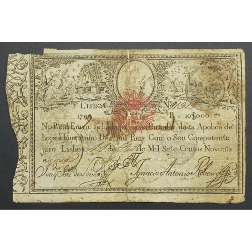 APÓLICE REAL ERÁRIO - 10$000 REIS 1799 - DATA EMENDADA "1798/9" - COM CARIMBO DE D.PEDRO IV 1826 ( CIRCULADA )