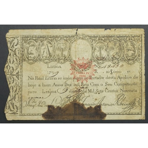 APÓLICE REAL ERÁRIO - 10$000 REIS 1799 - DATA MANUSCRITA - COM CARIMBO DE D.PEDRO IV 1826 ( POUCO CIRCULADA )