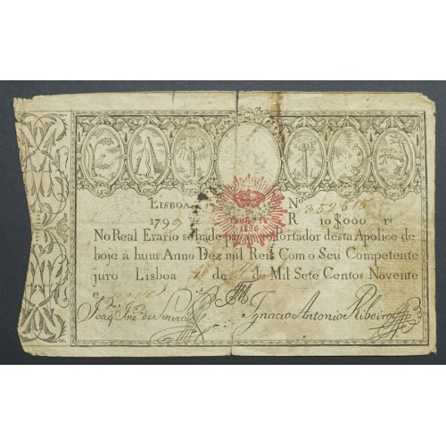APÓLICE REAL ERÁRIO - 10$000 REIS 1799 - DATA MANUSCRITA - COM CARIMBO DE D.PEDRO IV 1826 ( POUCO CIRCULADA )