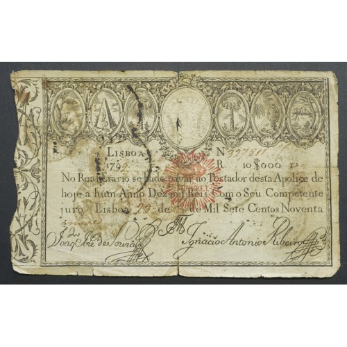APÓLICE REAL ERÁRIO - 10$000 REIS 1799 - DATA MANUSCRITA - COM CARIMBO DE D.MIGUEL I 1828 ( CIRCULADA )