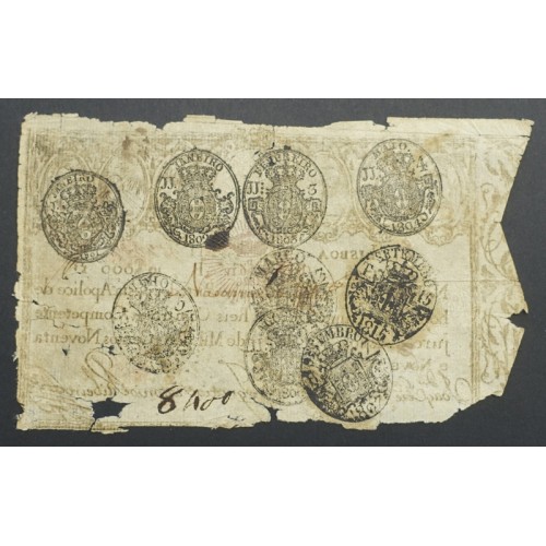 APÓLICE REAL ERÁRIO - 10$000 REIS 1799 - DATA IMPRESSA - COM CARIMBO DE D.PEDRO IV 1826 ( CIRCULADA )