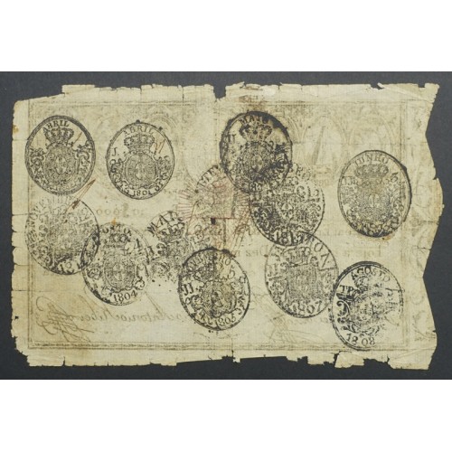 APÓLICE REAL ERÁRIO - 10$000 REIS 1799 - DATA IMPRESSA - COM CARIMBO DE D.PEDRO IV 1826 ( CIRCULADA )