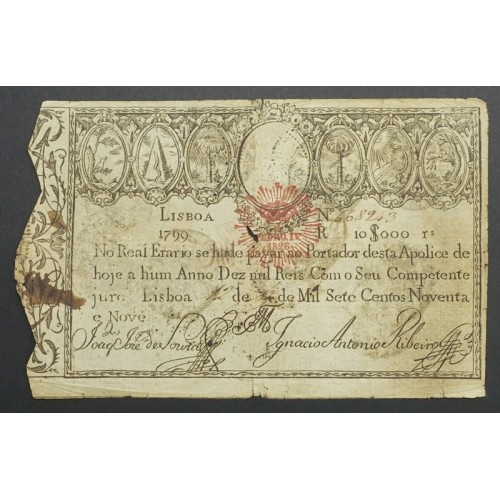 APÓLICE REAL ERÁRIO - 10$000 REIS 1799 - DATA IMPRESSA - COM CARIMBO DE D.PEDRO IV 1826 ( POUCO CIRCULADA )