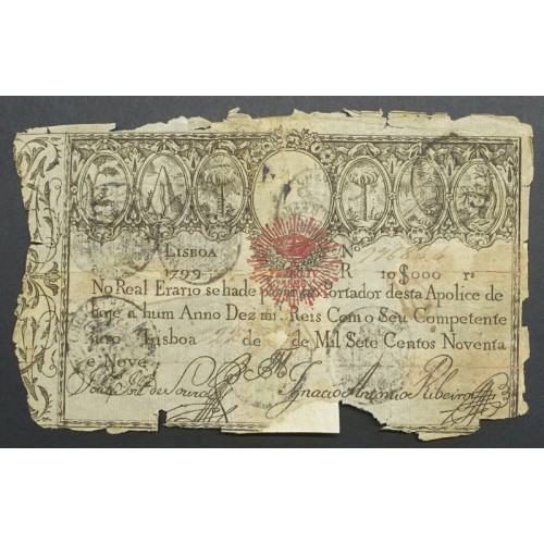 APÓLICE REAL ERÁRIO - 10$000 REIS 1799 - DATA IMPRESSA - COM CARIMBO DE D.PEDRO IV 1826 ( CIRCULADA )