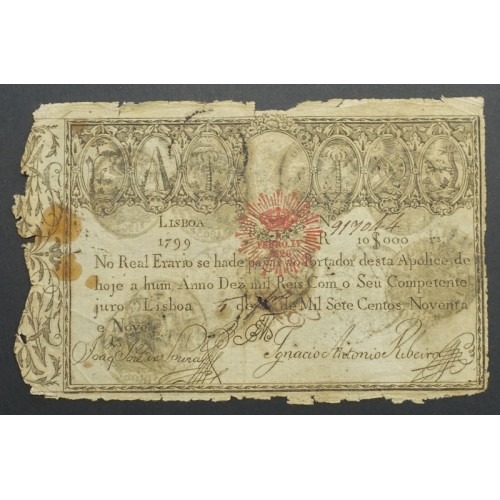 APÓLICE REAL ERÁRIO - 10$000 REIS 1799 - DATA IMPRESSA - COM CARIMBO DE D.PEDRO IV 1826 ( CIRCULADA )