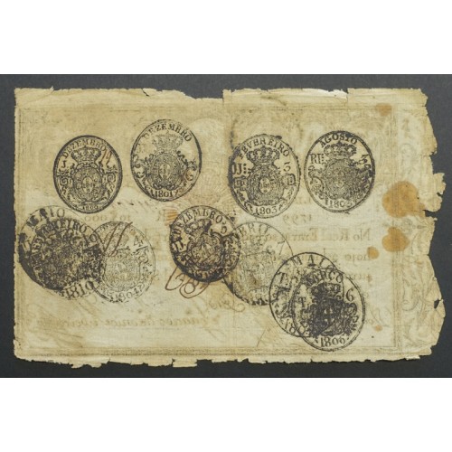 APÓLICE REAL ERÁRIO - 10$000 REIS 1799 - DATA IMPRESSA - COM CARIMBO DE D.PEDRO IV 1826 ( CIRCULADA )