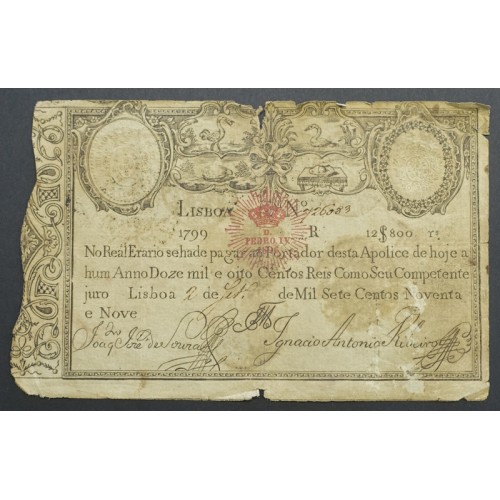 APÓLICE REAL ERÁRIO - 12$800 REIS 1799 - DATA IMPRESSA - COM CARIMBO DE D.PEDRO IV 1826 ( CIRCULADA )