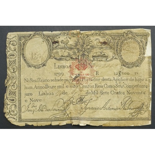 APÓLICE REAL ERÁRIO - 12$800 REIS 1799 - DATA IMPRESSA - COM CARIMBO DE D.PEDRO IV 1826 ( CIRCULADA )