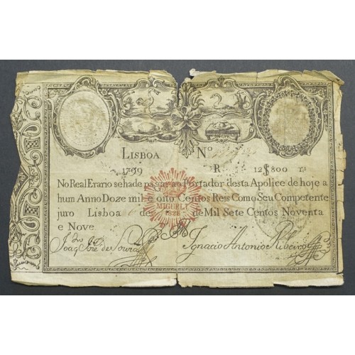 APÓLICE REAL ERÁRIO - 12$800 REIS 1799 - DATA IMPRESSA - COM CARIMBO DE D.MIGUEL I 1828 ( CIRCULADA )