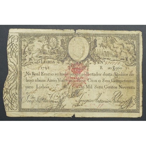 APÓLICE REAL ERÁRIO - 20$000 REIS 1798 - DATA IMPRESSA - COM CARIMBO DE D.PEDRO IV 1826 ( CIRCULADA )