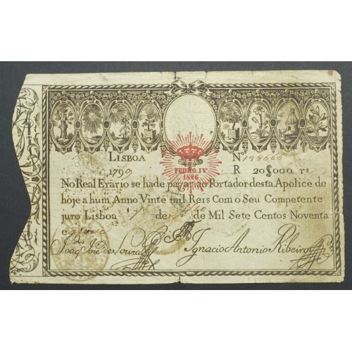 APÓLICE REAL ERÁRIO - 20$000 REIS 1799 - DATA MANUSCRITA - COM CARIMBO DE D.PEDRO IV 1826 ( POUCO CIRCULADA )