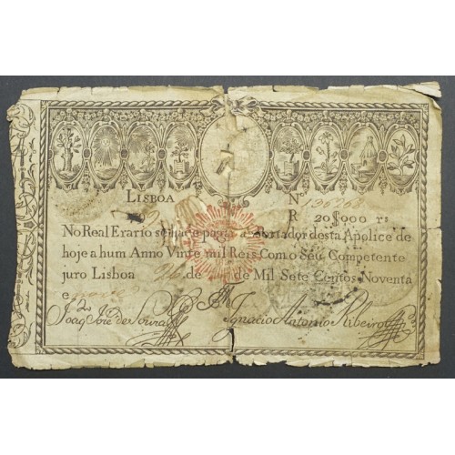 APÓLICE REAL ERÁRIO - 20$000 REIS 1799 - DATA MANUSCRITA - COM CARIMBO DE D.MIGUEL I 1828 ( CIRCULADA )