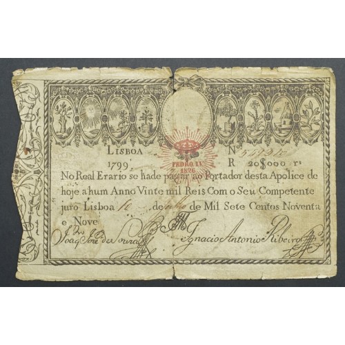 APÓLICE REAL ERÁRIO - 20$000 REIS 1799 - DATA IMPRESSA - COM CARIMBO DE D.PEDRO IV 1826 ( CIRCULADA )