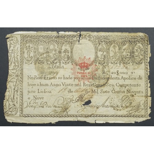 APÓLICE REAL ERÁRIO - 20$000 REIS 1799 - DATA IMPRESSA - COM CARIMBO DE D.PEDRO IV 1826 ( CIRCULADA )