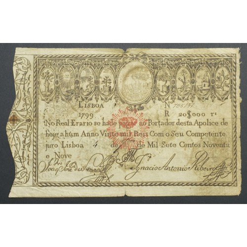APÓLICE REAL ERÁRIO - 20$000 REIS 1799 - DATA IMPRESSA - COM CARIMBO DE D.MIGUEL I 1828 ( POUCO CIRCULADA )