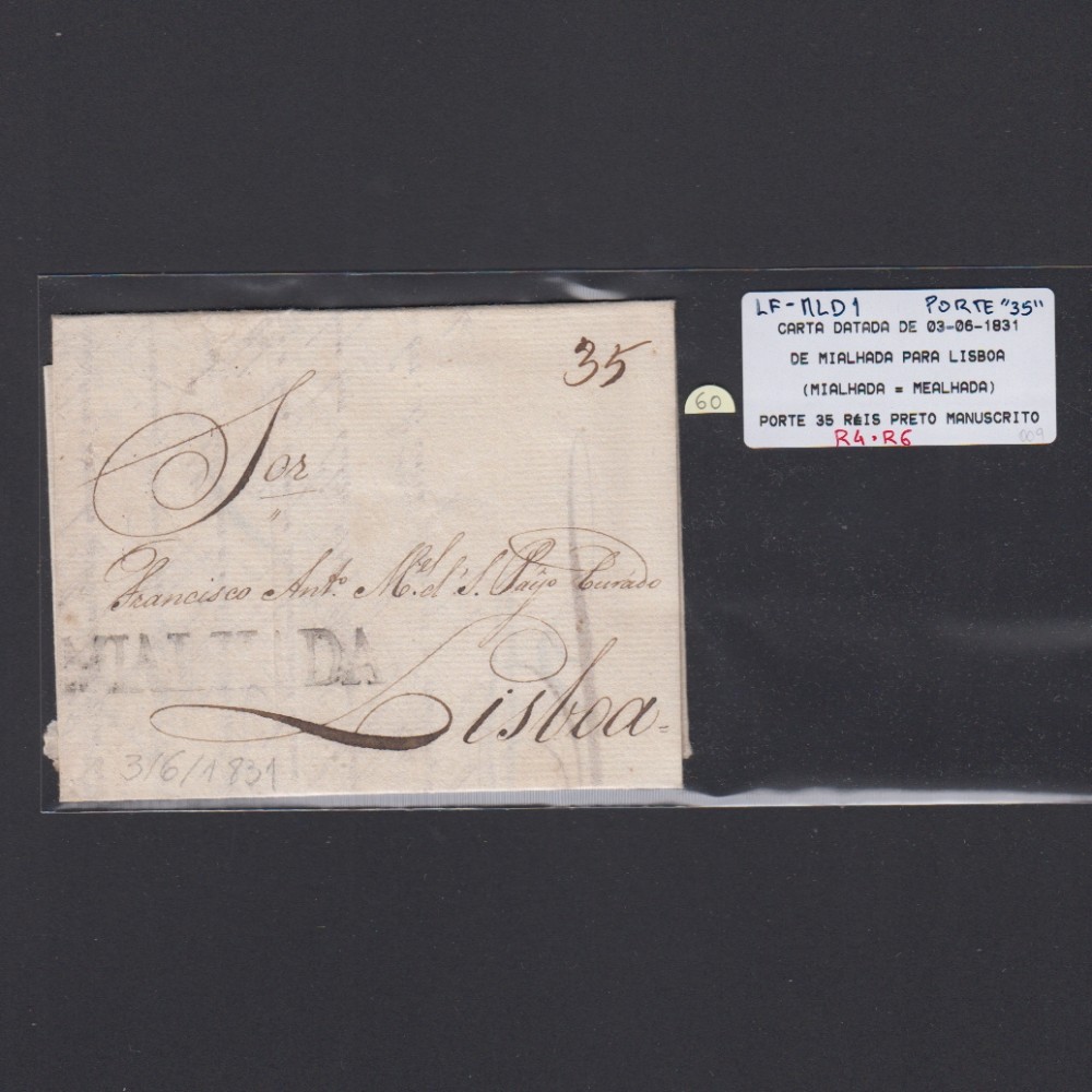 Carta Pré-Filatélica circulada de Mialhada (Mealhada) para Lisboa datada 03-06-1831