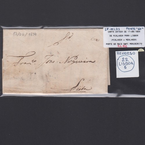 Carta Pré-Filatélica circulada de Mialhada (Mealhada) para Lisboa datada 17-06-1834
