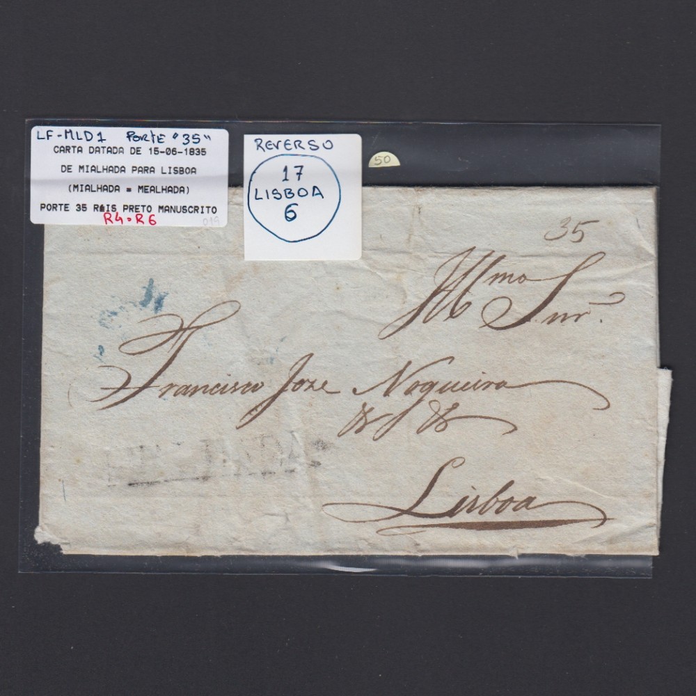 Carta Pré-Filatélica circulada de Mialhada (Mealhada) para Lisboa datada 15-06-1835