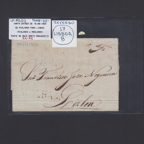 Carta Pré-Filatélica circulada de Mialhada (Mealhada) para Lisboa datada 15-08-1835