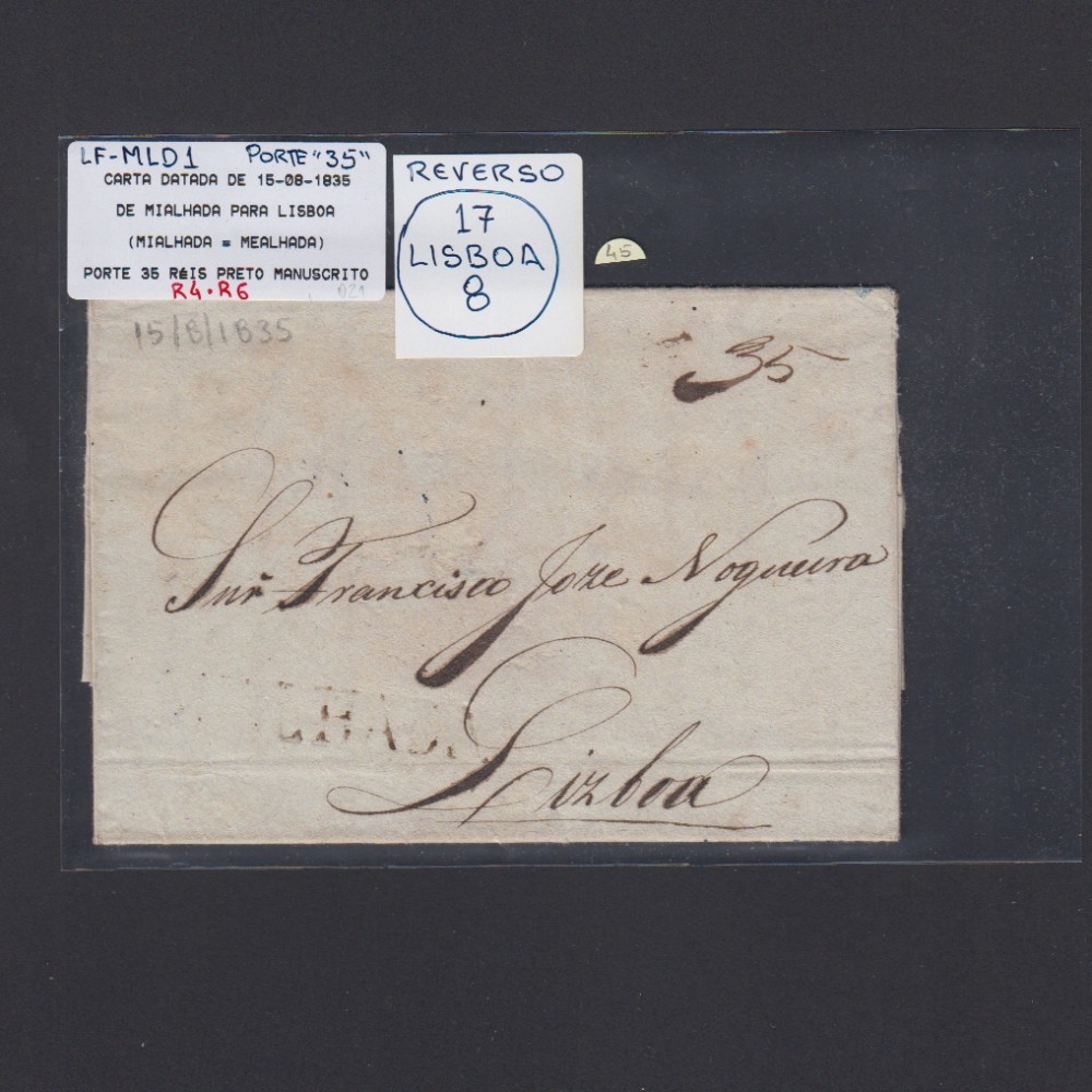 Carta Pré-Filatélica circulada de Mialhada (Mealhada) para Lisboa datada 15-08-1835