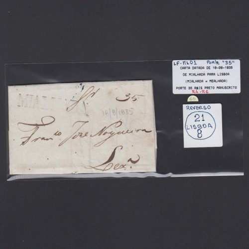 Carta Pré-Filatélica circulada de Mialhada (Mealhada) para Lisboa datada 18-08-1835