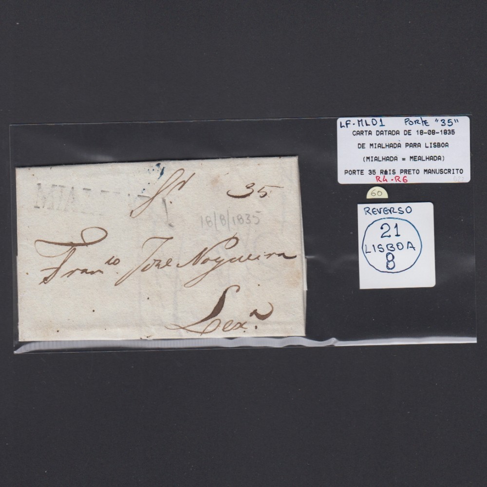 Carta Pré-Filatélica circulada de Mialhada (Mealhada) para Lisboa datada 18-08-1835