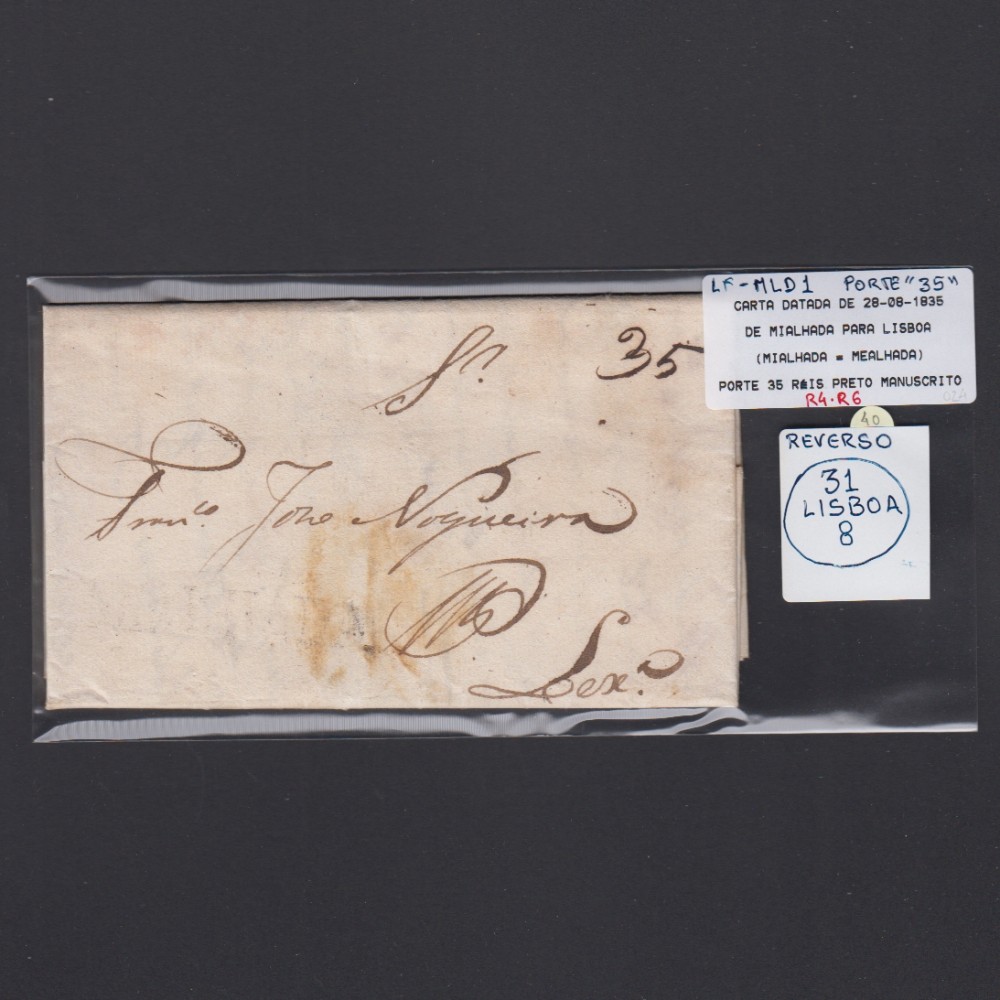 Carta Pré-Filatélica circulada de Mialhada (Mealhada) para Lisboa datada 28-08-1835