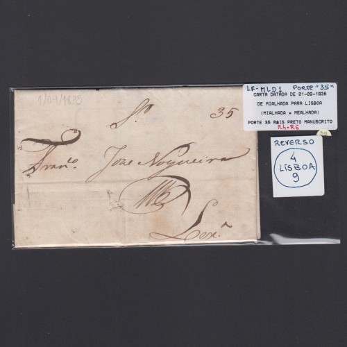 Carta Pré-Filatélica circulada de Mialhada (Mealhada) para Lisboa datada 01-09-1835