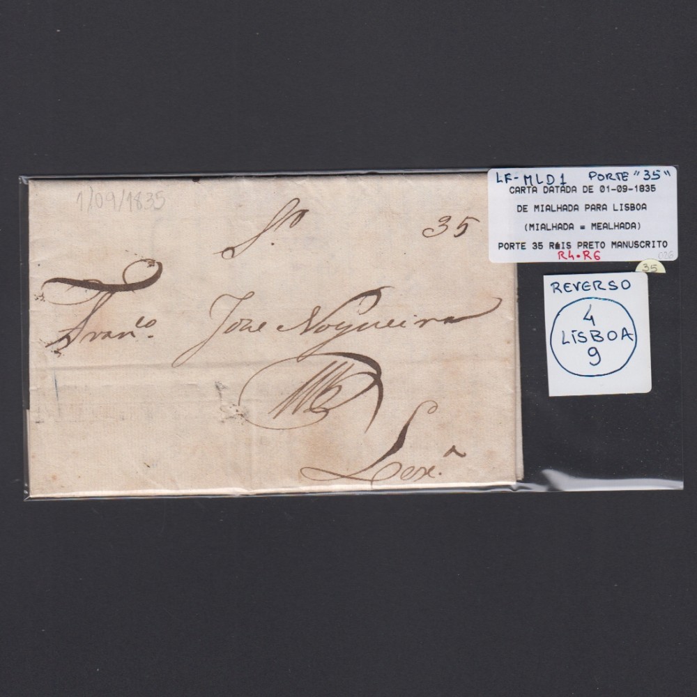 Carta Pré-Filatélica circulada de Mialhada (Mealhada) para Lisboa datada 01-09-1835