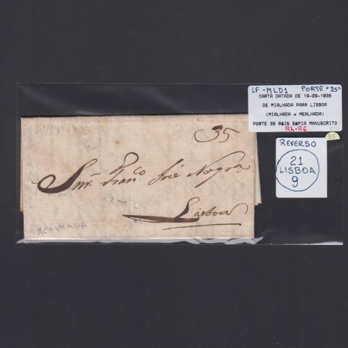Carta Pré-Filatélica circulada de Mialhada (Mealhada) para Lisboa datada 19-09-1835